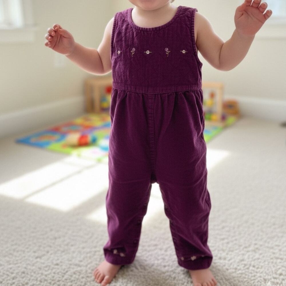 McKids Vintage Baby Girl Purple Velvet Single Stitch Overalls Jumpsuit 18 M
